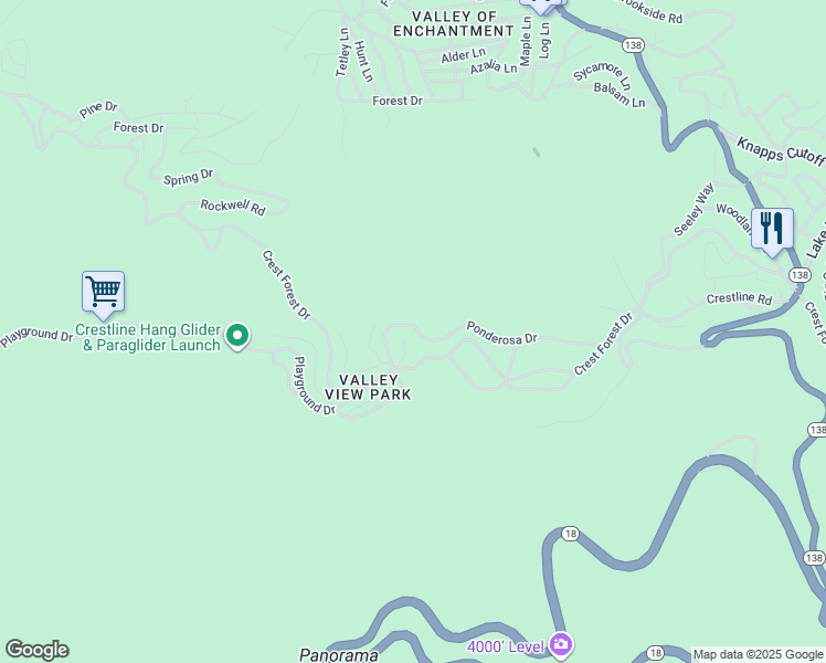 map of restaurants, bars, coffee shops, grocery stores, and more near 22781 Ponderosa Drive in Crestline