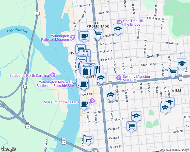 map of restaurants, bars, coffee shops, grocery stores, and more near 215 Princess Street in Wilmington