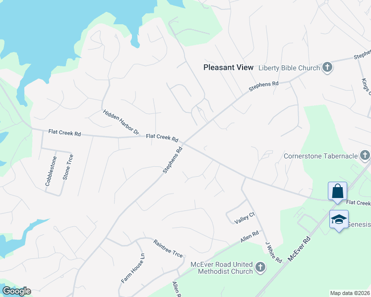 map of restaurants, bars, coffee shops, grocery stores, and more near 4985 Flat Creek Road in Oakwood