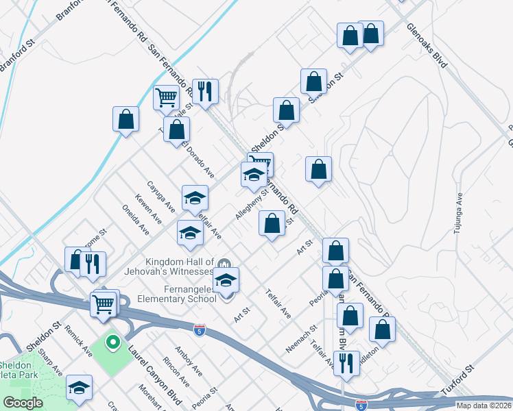 map of restaurants, bars, coffee shops, grocery stores, and more near 11958 Allegheny Street in Los Angeles