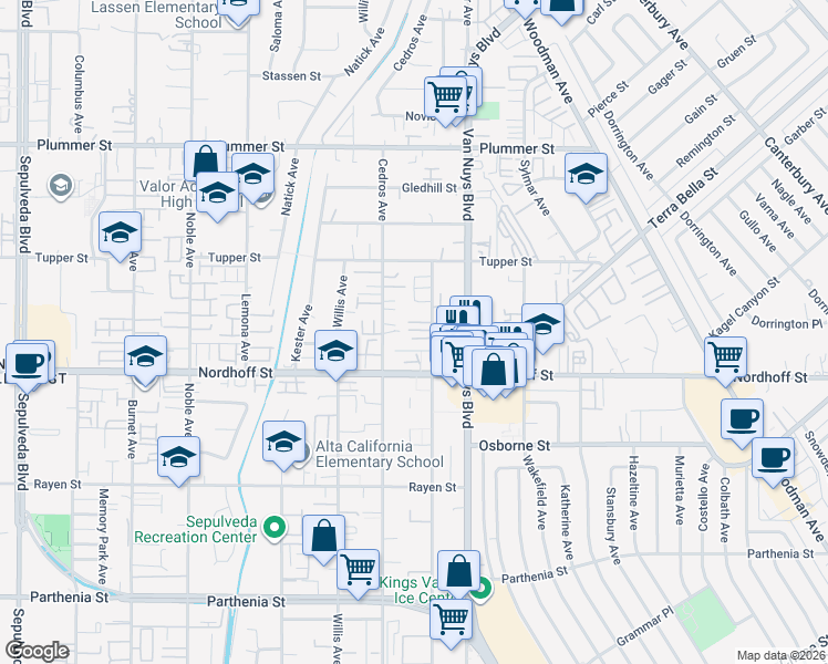 map of restaurants, bars, coffee shops, grocery stores, and more near 14662 West Sara Lane in Los Angeles
