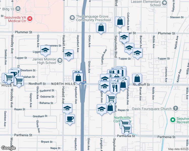 map of restaurants, bars, coffee shops, grocery stores, and more near 9206 Orion Avenue in Los Angeles