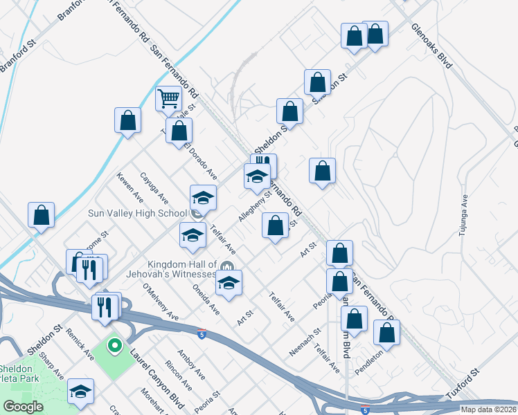 map of restaurants, bars, coffee shops, grocery stores, and more near 11942 Allegheny Street in Los Angeles
