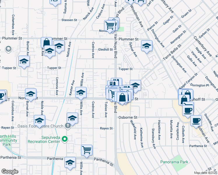 map of restaurants, bars, coffee shops, grocery stores, and more near 9146 Tobias Avenue in Los Angeles
