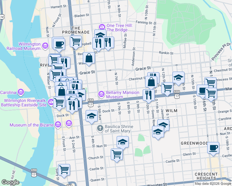 map of restaurants, bars, coffee shops, grocery stores, and more near 103 North 7th Street in Wilmington