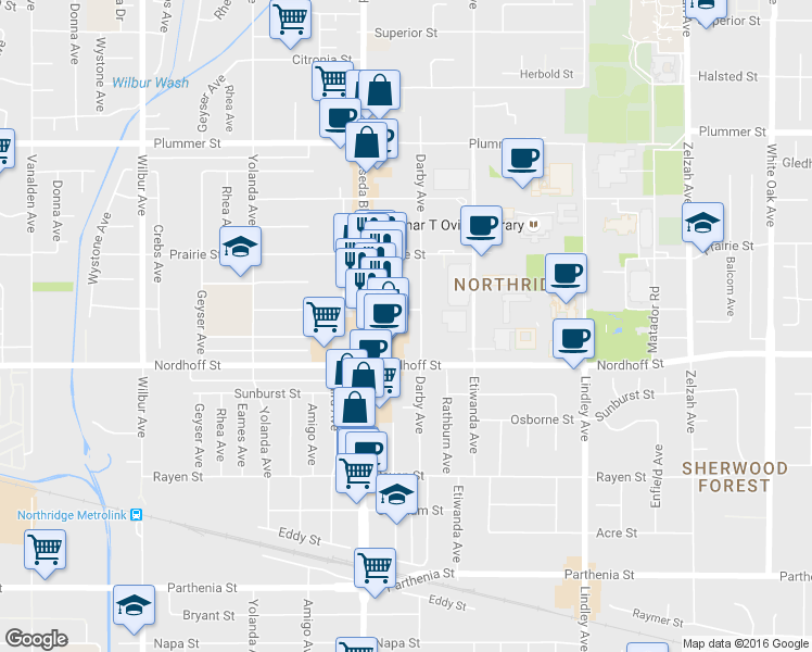 map of restaurants, bars, coffee shops, grocery stores, and more near 18415 Dearborn Street in Los Angeles