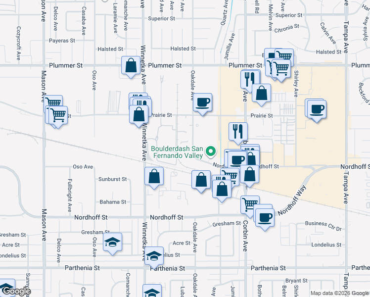 map of restaurants, bars, coffee shops, grocery stores, and more near 9201 Oakdale Avenue in Los Angeles