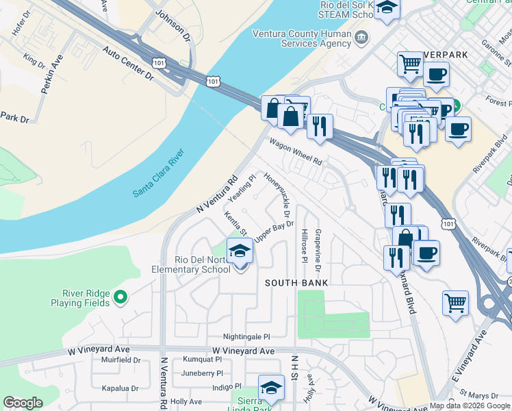 map of restaurants, bars, coffee shops, grocery stores, and more near 2716 Windcrest Place in Oxnard