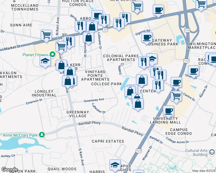 map of restaurants, bars, coffee shops, grocery stores, and more near in Wilmington