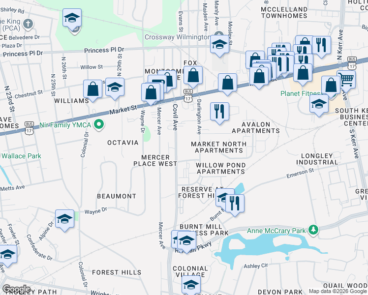 map of restaurants, bars, coffee shops, grocery stores, and more near 103 Covil Avenue in Wilmington