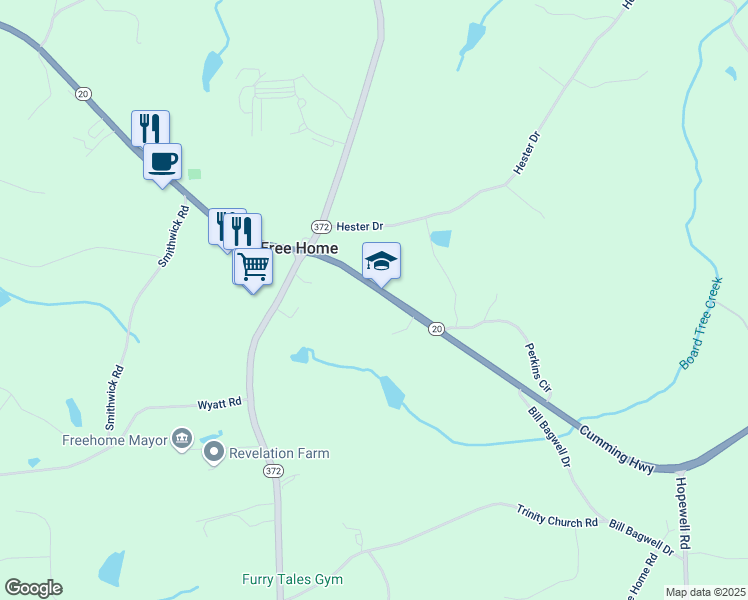 map of restaurants, bars, coffee shops, grocery stores, and more near 12836 Cumming Highway in Canton