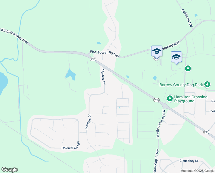 map of restaurants, bars, coffee shops, grocery stores, and more near 27 Planters Drive in Cartersville