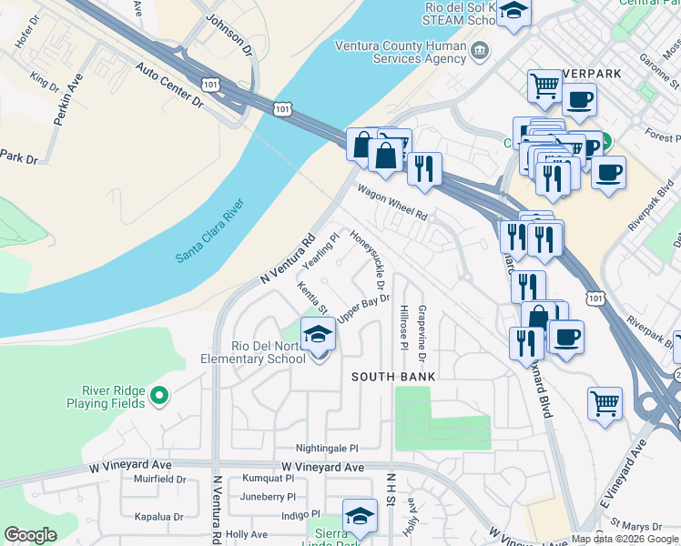 map of restaurants, bars, coffee shops, grocery stores, and more near 2716 Windcrest Place in Oxnard