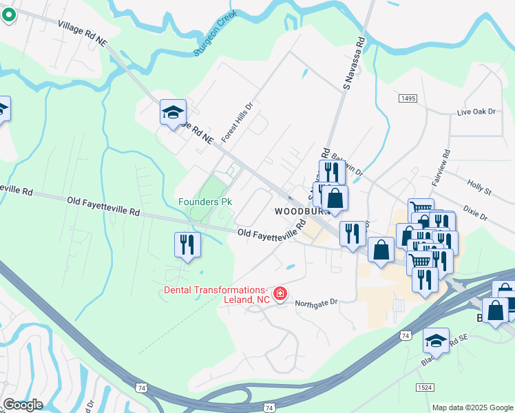 map of restaurants, bars, coffee shops, grocery stores, and more near 423 Village Road Northeast in Leland