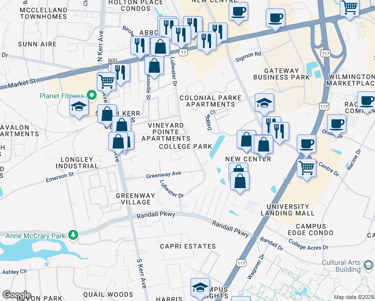 map of restaurants, bars, coffee shops, grocery stores, and more near in Wilmington