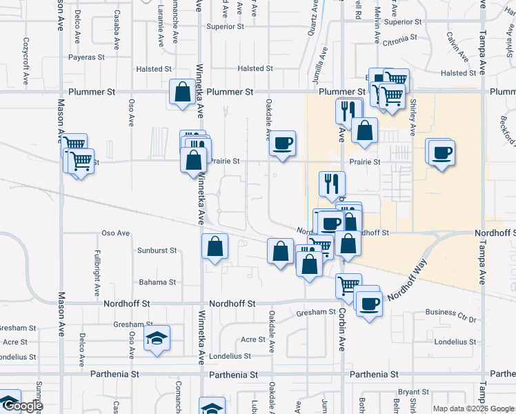 map of restaurants, bars, coffee shops, grocery stores, and more near 9131 Oakdale Avenue in Los Angeles