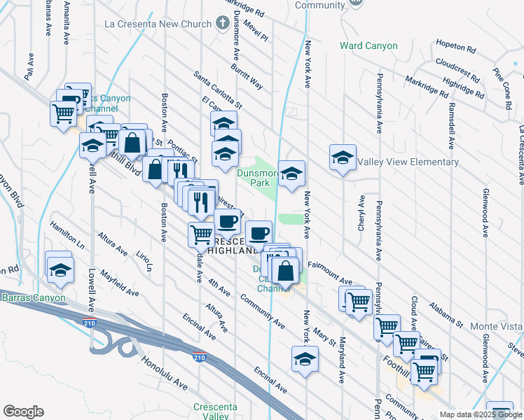 map of restaurants, bars, coffee shops, grocery stores, and more near 4629 Willalee Avenue in Glendale
