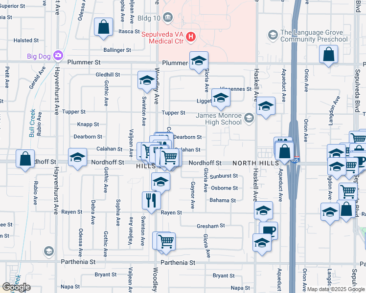 map of restaurants, bars, coffee shops, grocery stores, and more near 16035 Dearborn Street in Los Angeles