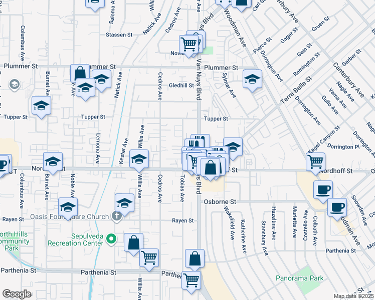 map of restaurants, bars, coffee shops, grocery stores, and more near 9146 Tobias Avenue in Los Angeles