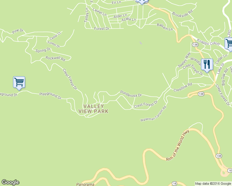 map of restaurants, bars, coffee shops, grocery stores, and more near 22846 Ponderosa Drive in Crestline