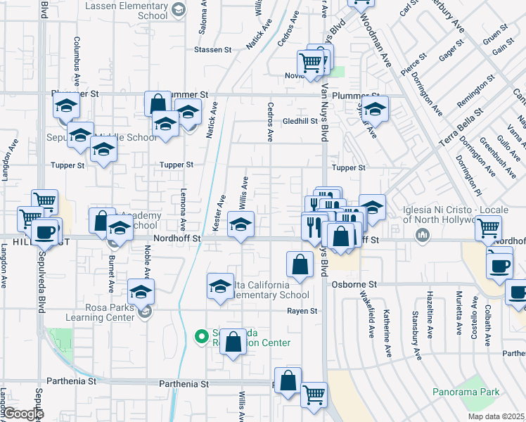 map of restaurants, bars, coffee shops, grocery stores, and more near 9155 Cedros Avenue in Los Angeles