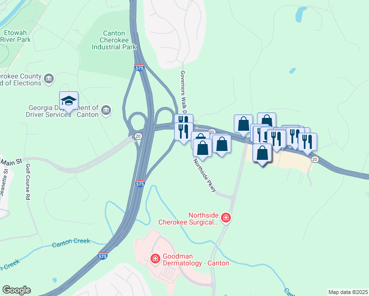 map of restaurants, bars, coffee shops, grocery stores, and more near 3010 Northside Parkway in Canton