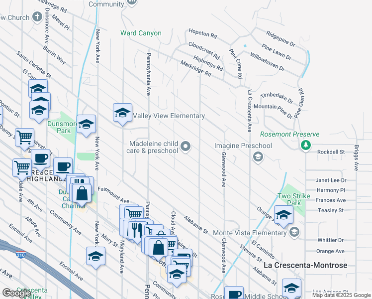 map of restaurants, bars, coffee shops, grocery stores, and more near 3041 Orange Avenue in La Crescenta-Montrose