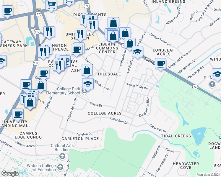 map of restaurants, bars, coffee shops, grocery stores, and more near 224 Hillsdale Drive in Wilmington