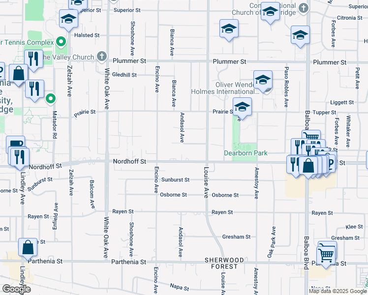 map of restaurants, bars, coffee shops, grocery stores, and more near 17352 Dearborn Street in Los Angeles