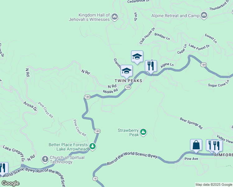 map of restaurants, bars, coffee shops, grocery stores, and more near 25910 California 189 in Twin Peaks
