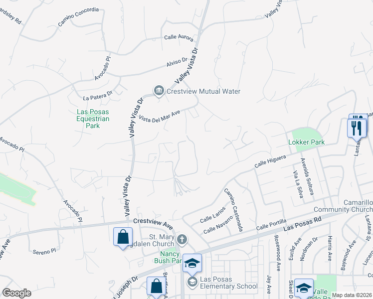 map of restaurants, bars, coffee shops, grocery stores, and more near 25 Encino Avenue in Camarillo