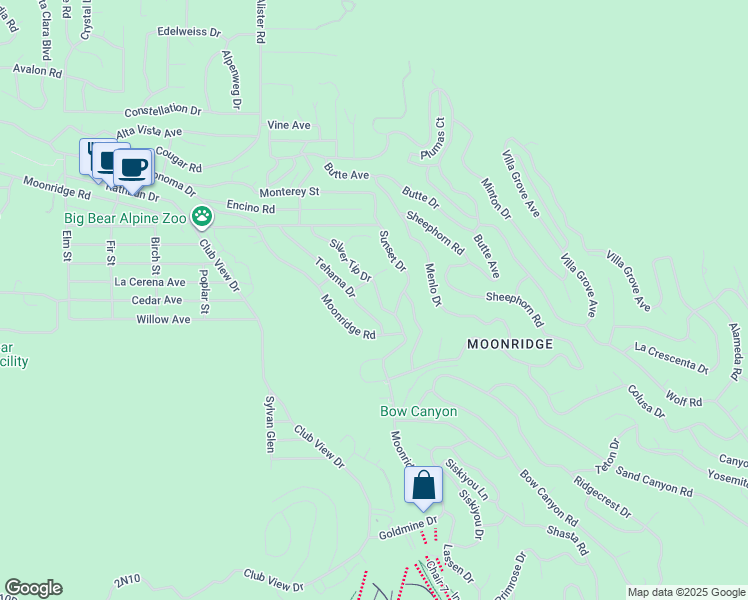 map of restaurants, bars, coffee shops, grocery stores, and more near 842 Silver Tip Drive in Big Bear Lake