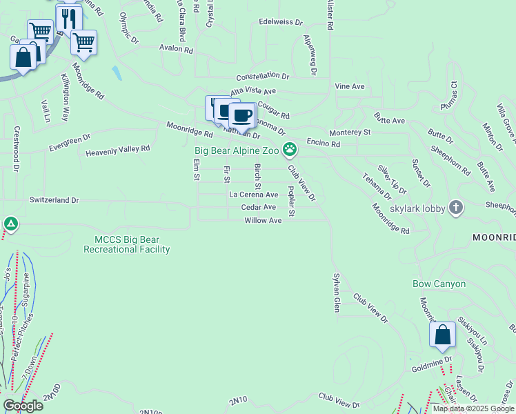 map of restaurants, bars, coffee shops, grocery stores, and more near 848 Birch Street in Big Bear Lake
