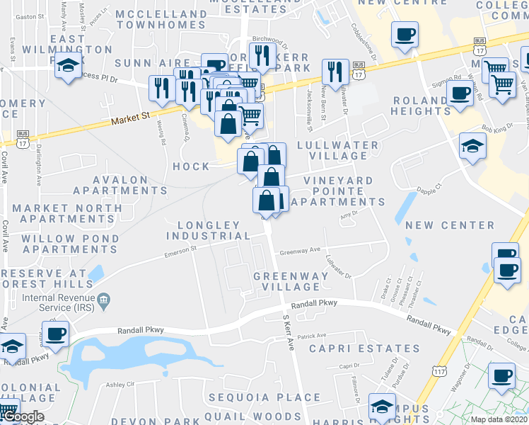 map of restaurants, bars, coffee shops, grocery stores, and more near 220 South Kerr Avenue in Wilmington