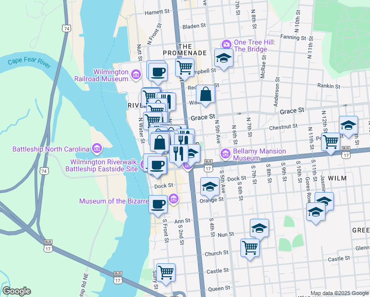 map of restaurants, bars, coffee shops, grocery stores, and more near in Wilmington