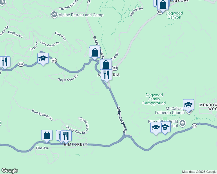 map of restaurants, bars, coffee shops, grocery stores, and more near California 189 in San Bernardino County
