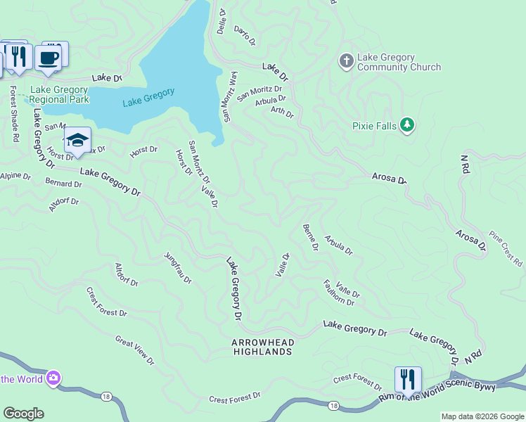 map of restaurants, bars, coffee shops, grocery stores, and more near 872 Berne Drive in Crestline