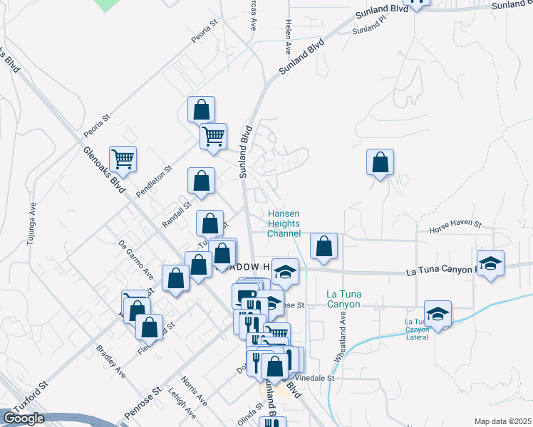map of restaurants, bars, coffee shops, grocery stores, and more near 10847 Tuxford Street in Los Angeles