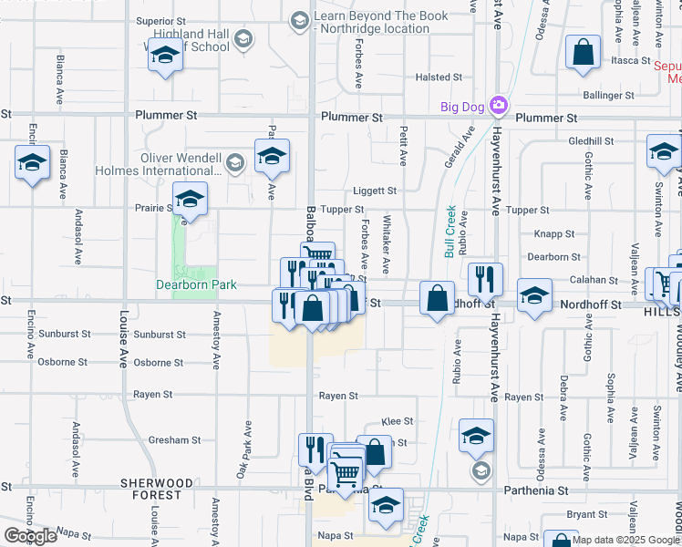 map of restaurants, bars, coffee shops, grocery stores, and more near 16944 Dearborn Street in Los Angeles
