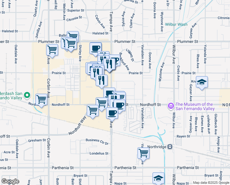 map of restaurants, bars, coffee shops, grocery stores, and more near 19261 Dearborn Street in Los Angeles