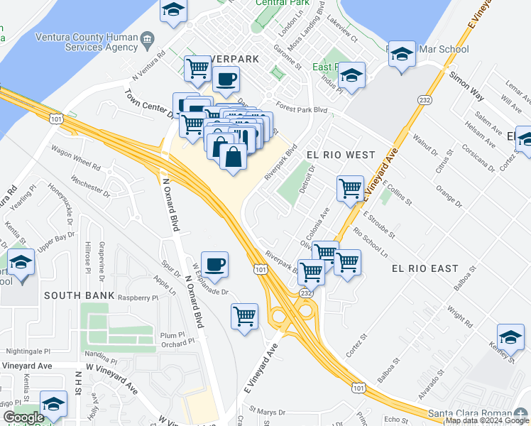 map of restaurants, bars, coffee shops, grocery stores, and more near 361 American River Court in Oxnard