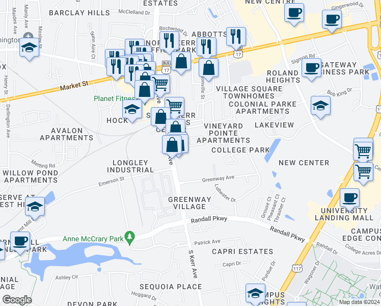 map of restaurants, bars, coffee shops, grocery stores, and more near 245 South Kerr Avenue in Wilmington