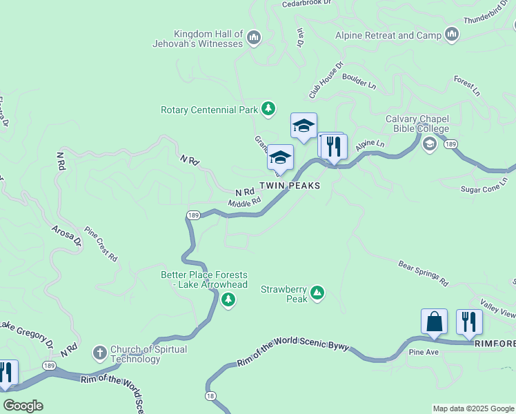 map of restaurants, bars, coffee shops, grocery stores, and more near 25910 California 189 in Twin Peaks