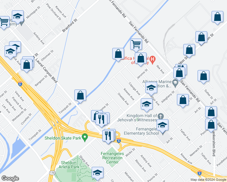 map of restaurants, bars, coffee shops, grocery stores, and more near 9219 Oneida Avenue in Los Angeles