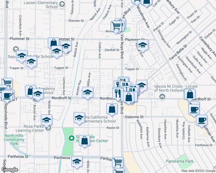 map of restaurants, bars, coffee shops, grocery stores, and more near 14663 West Sara Lane in Los Angeles