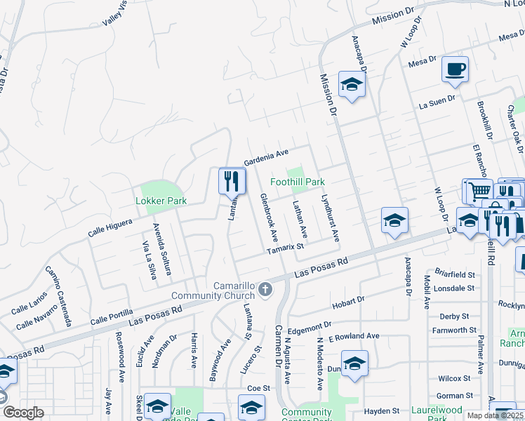 map of restaurants, bars, coffee shops, grocery stores, and more near 1959 Glenbrook Avenue in Camarillo