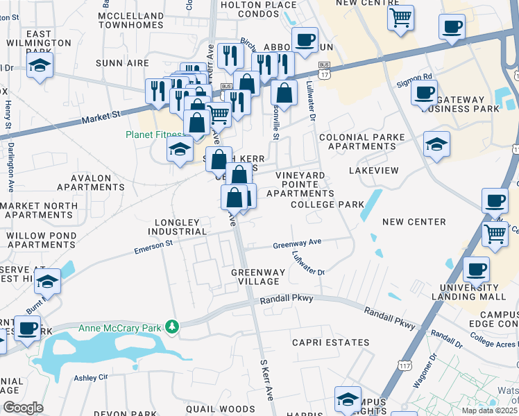 map of restaurants, bars, coffee shops, grocery stores, and more near 245 South Kerr Avenue in Wilmington
