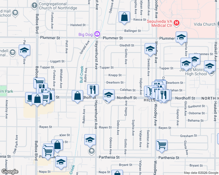 map of restaurants, bars, coffee shops, grocery stores, and more near 16507 Calahan Street in Los Angeles