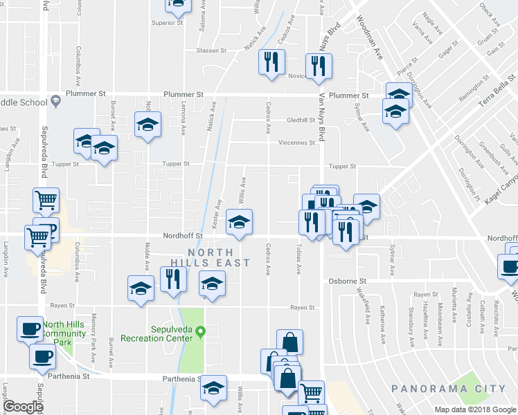map of restaurants, bars, coffee shops, grocery stores, and more near 9155 Cedros Avenue in Los Angeles
