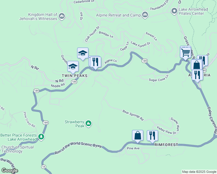 map of restaurants, bars, coffee shops, grocery stores, and more near 897 Bear Springs Road in Twin Peaks